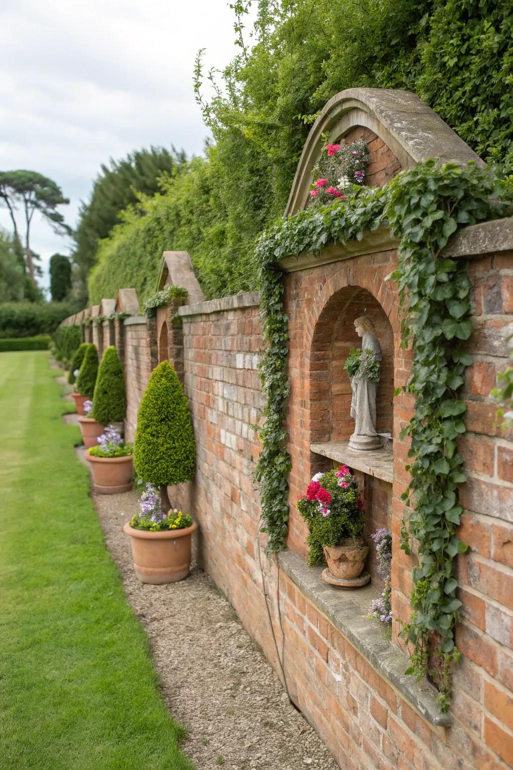 Hidden niches in the brick wall add a whimsical element to the garden.