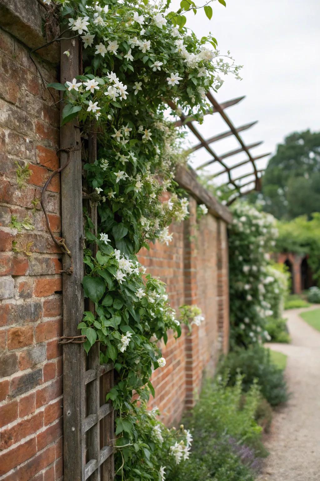 A trellis enhances the brick wall, supporting beautiful climbing plants.