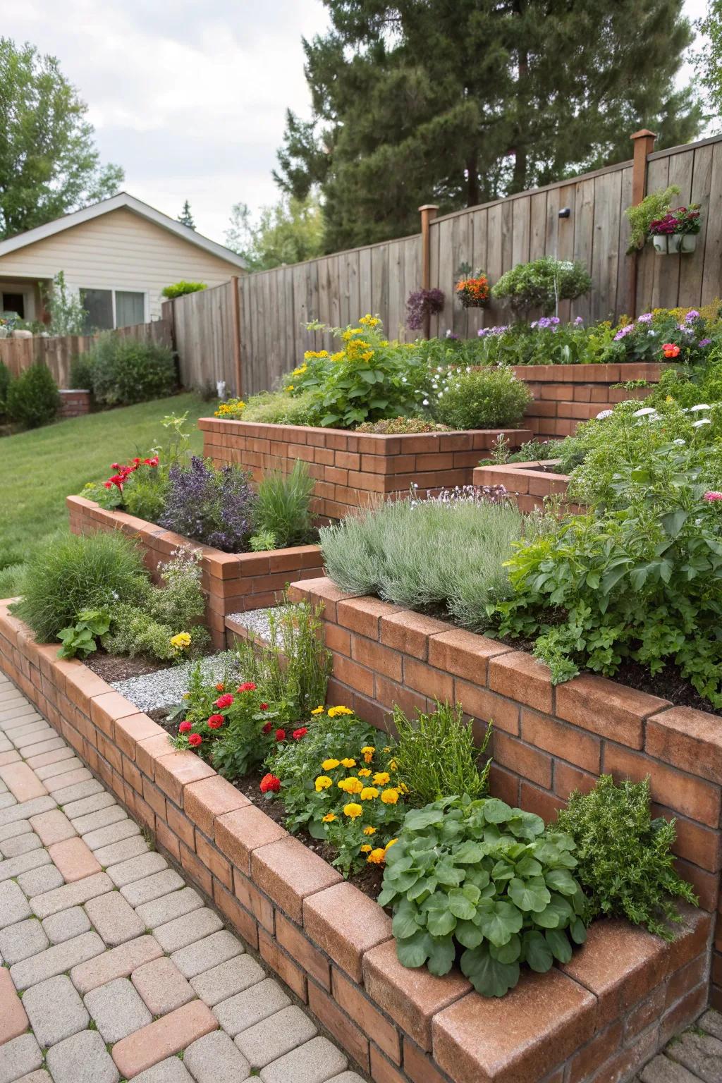Tiered brick planters provide both beauty and practicality in this garden setting.