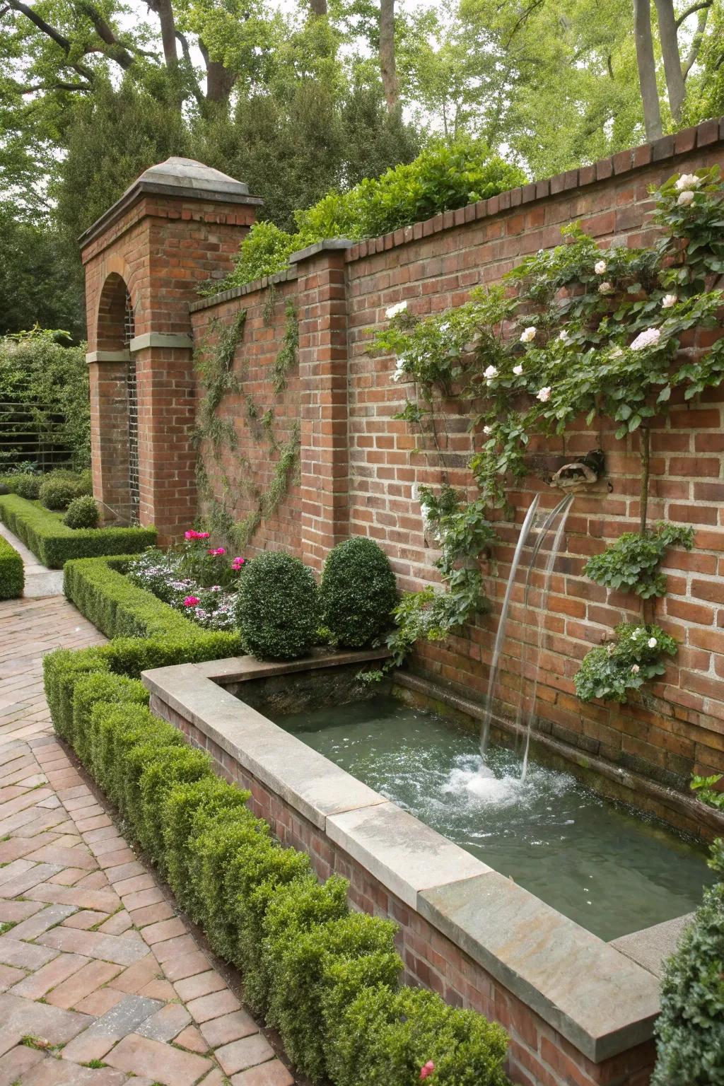 A water feature in the brick wall adds serenity to this lush garden.