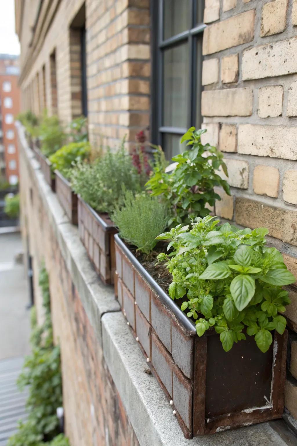 Planter boxes in the brick wall offer easy access to fresh herbs.