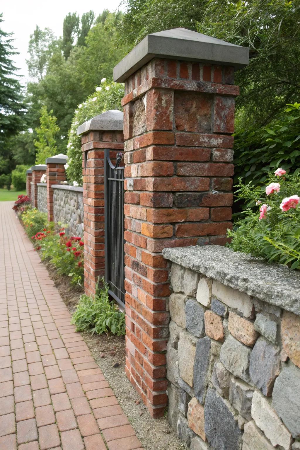 A mix of materials brings texture and interest to this garden wall.