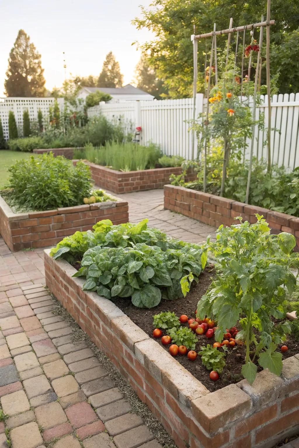 Raised brick garden beds are perfect for showcasing vibrant plants.