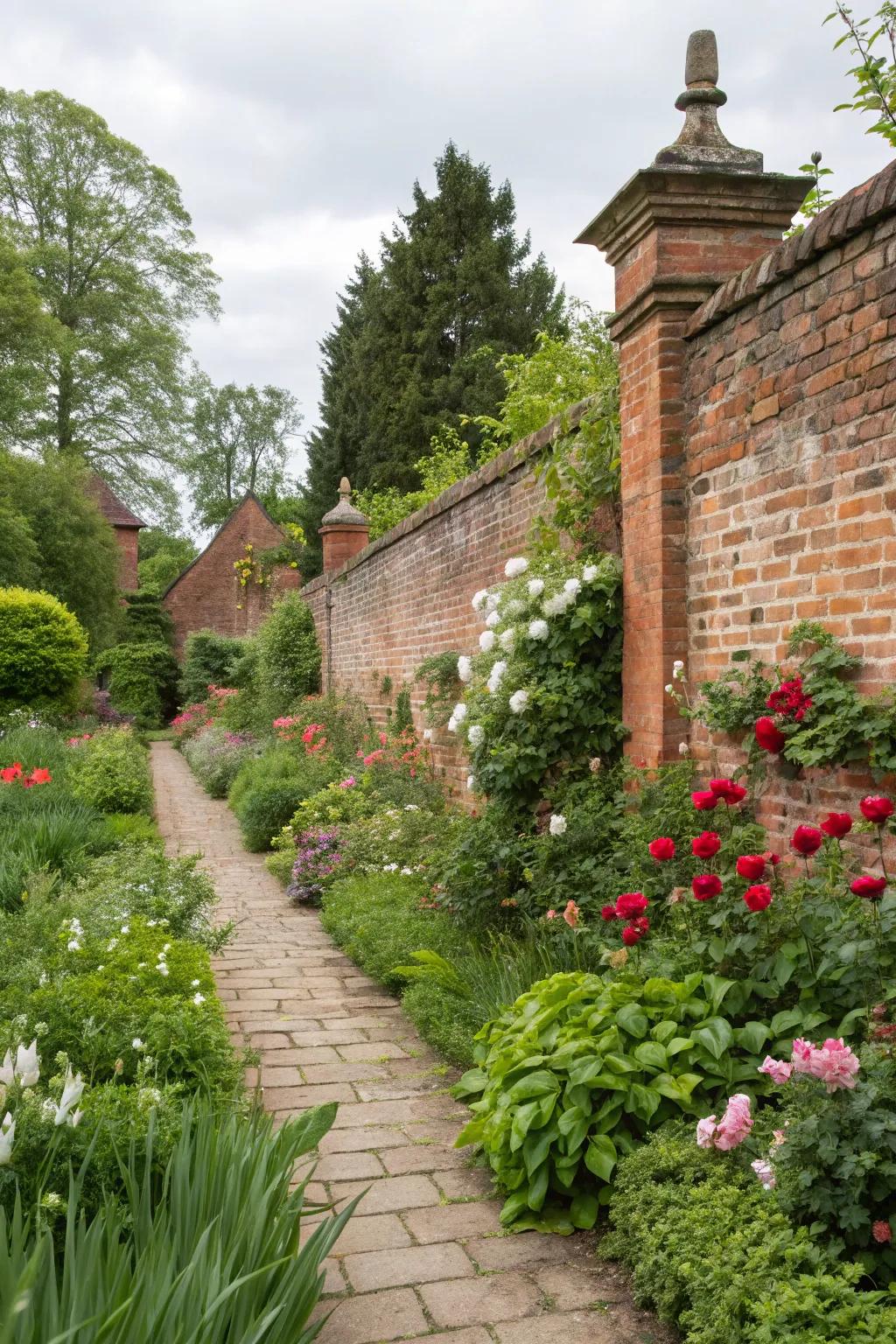 The warmth of a classic red brick wall complements the vibrant garden flora.