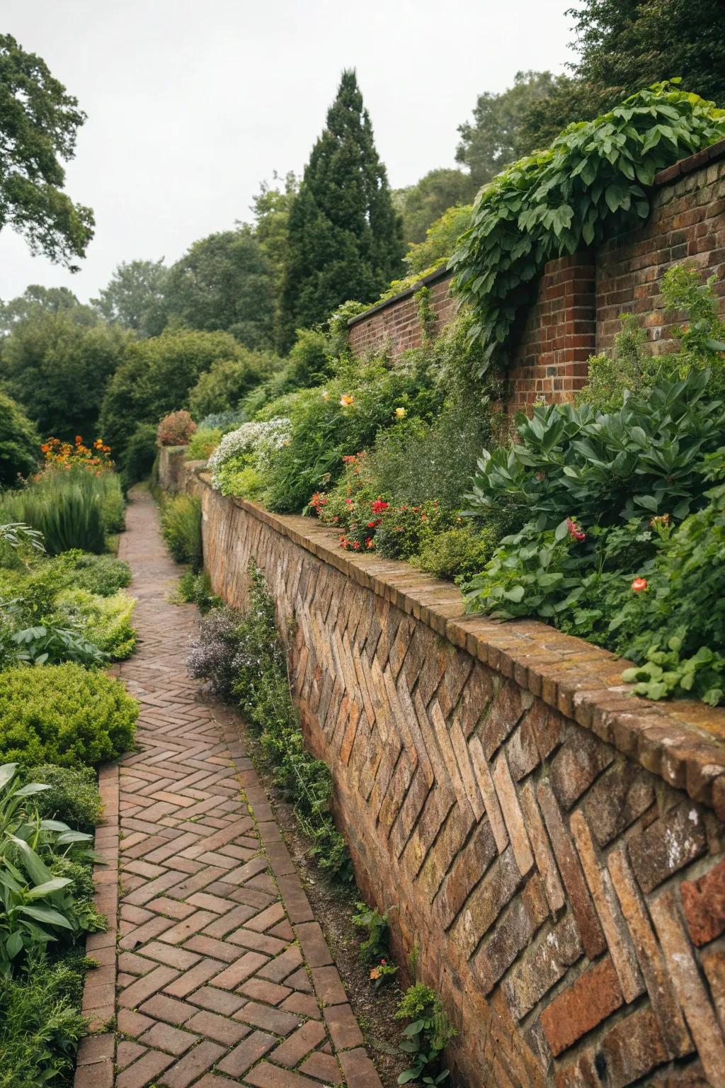 Decorative brick patterns add sophistication to this garden wall.