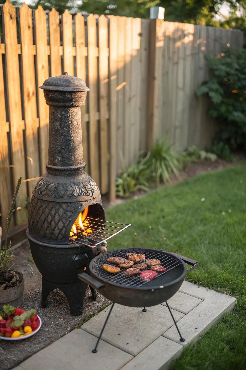 Enjoy cooking and warmth with a dual-purpose chiminea.
