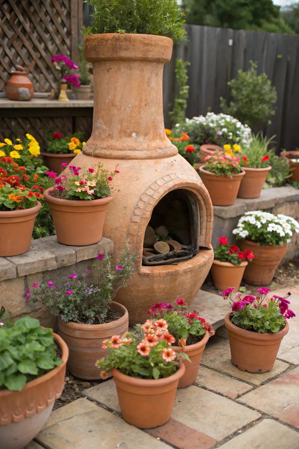 Traditional clay chiminea adds rustic charm.