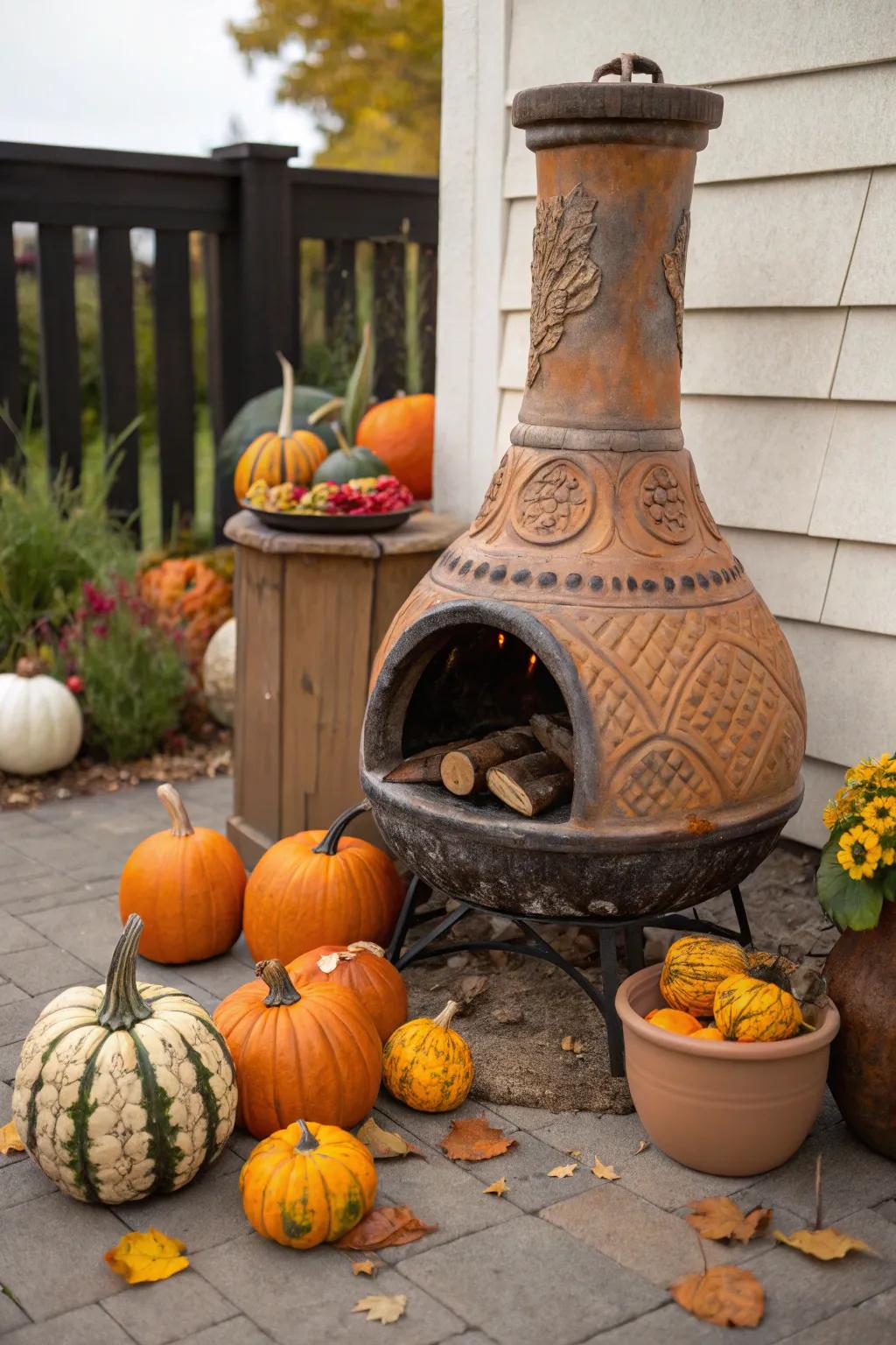 Celebrate seasons with your chiminea decor.