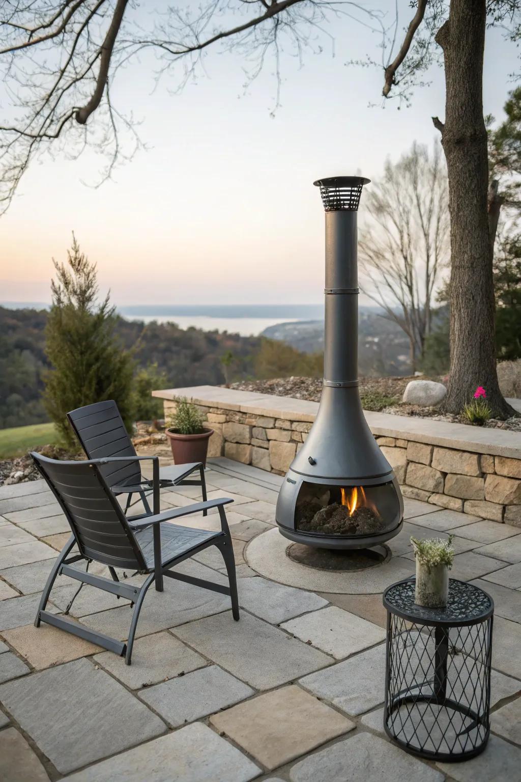 Sleek metal chiminea for a modern touch.