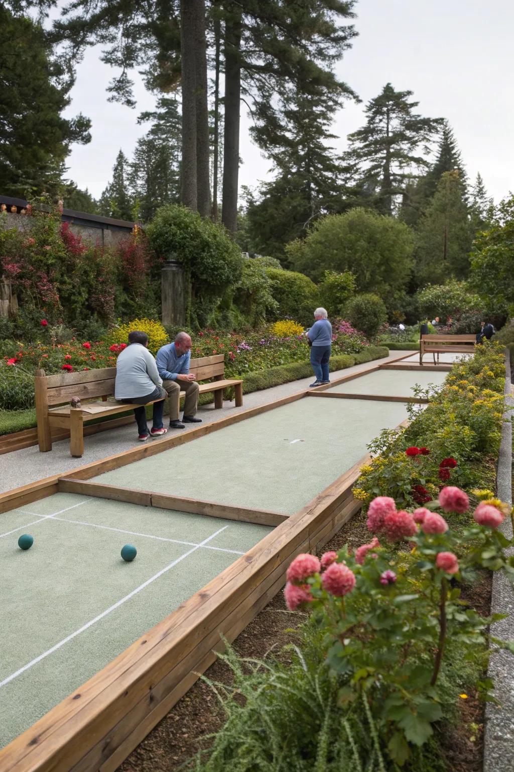 Enjoy bocce with integrated seating for spectators.