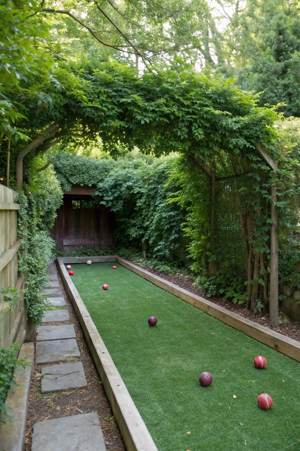 A hidden garden nook bocce court for peaceful play.
