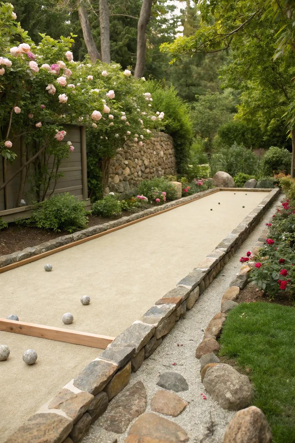 Natural stones add elegance to this bocce court.