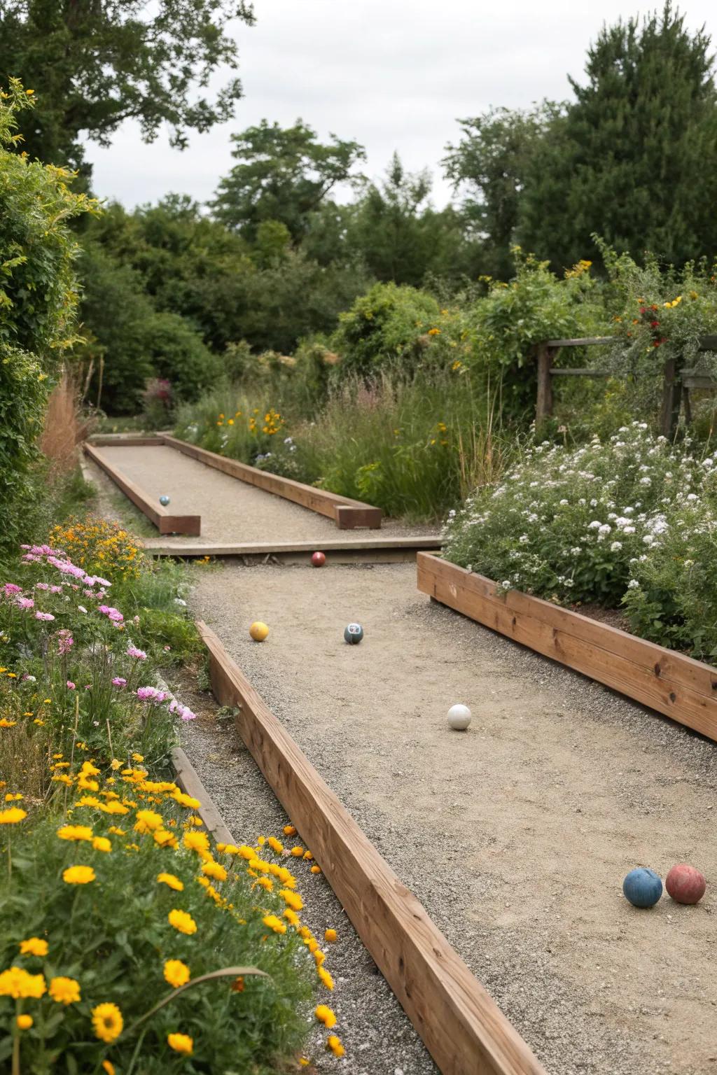 A rustic bocce court nestled in a peaceful garden.