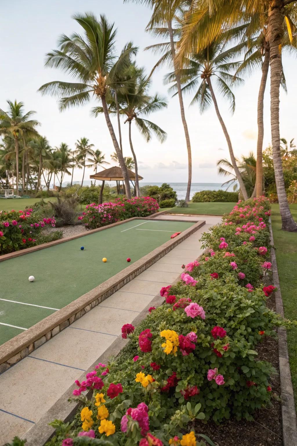 A tropical paradise bocce court for endless fun.