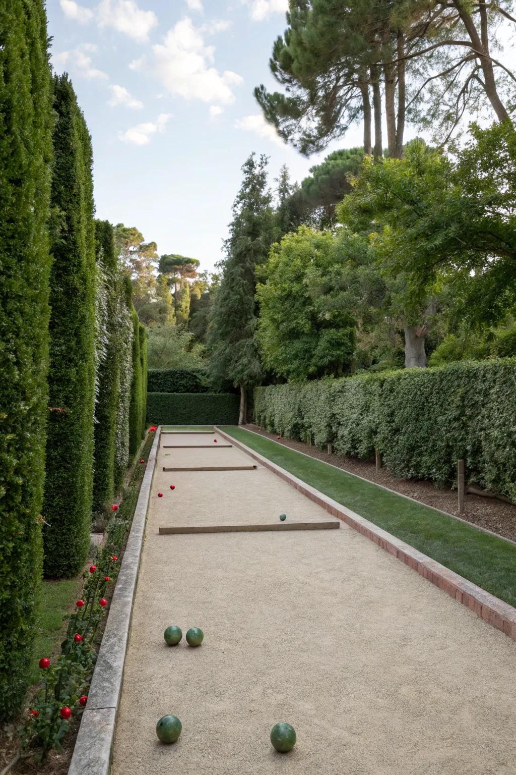 A private oasis surrounded by nature for bocce lovers.