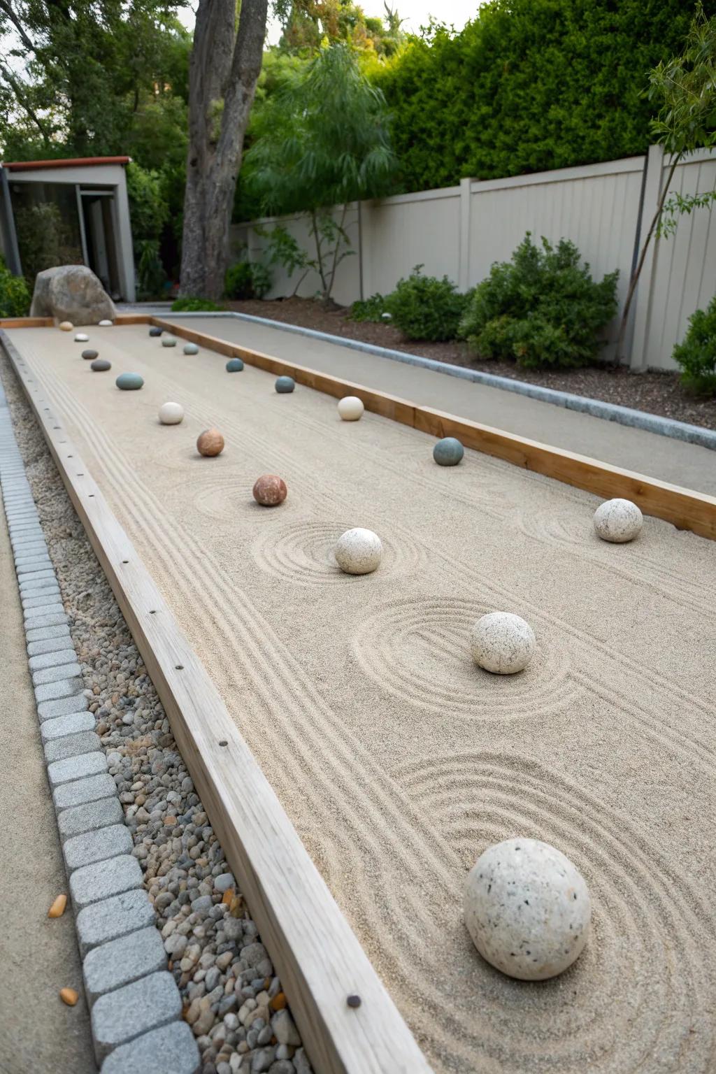 A Zen-inspired bocce court for relaxation and play.