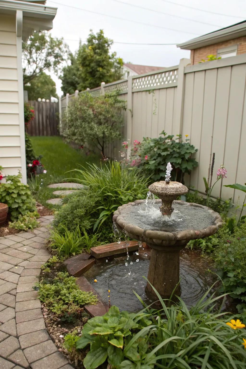A small water feature adds tranquility to a small backyard.