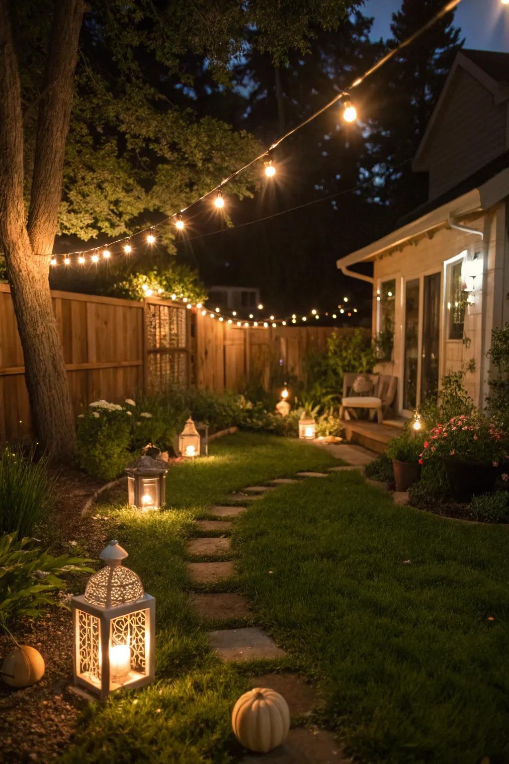 Soft lighting creates a magical atmosphere in a small backyard.