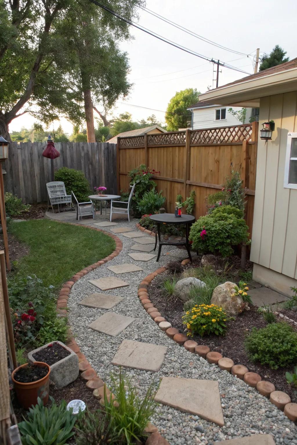 Decorative stones create stylish pathways in a small backyard.