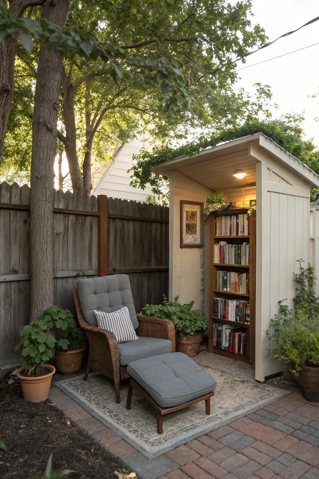 A reading nook provides a peaceful retreat in a small backyard.