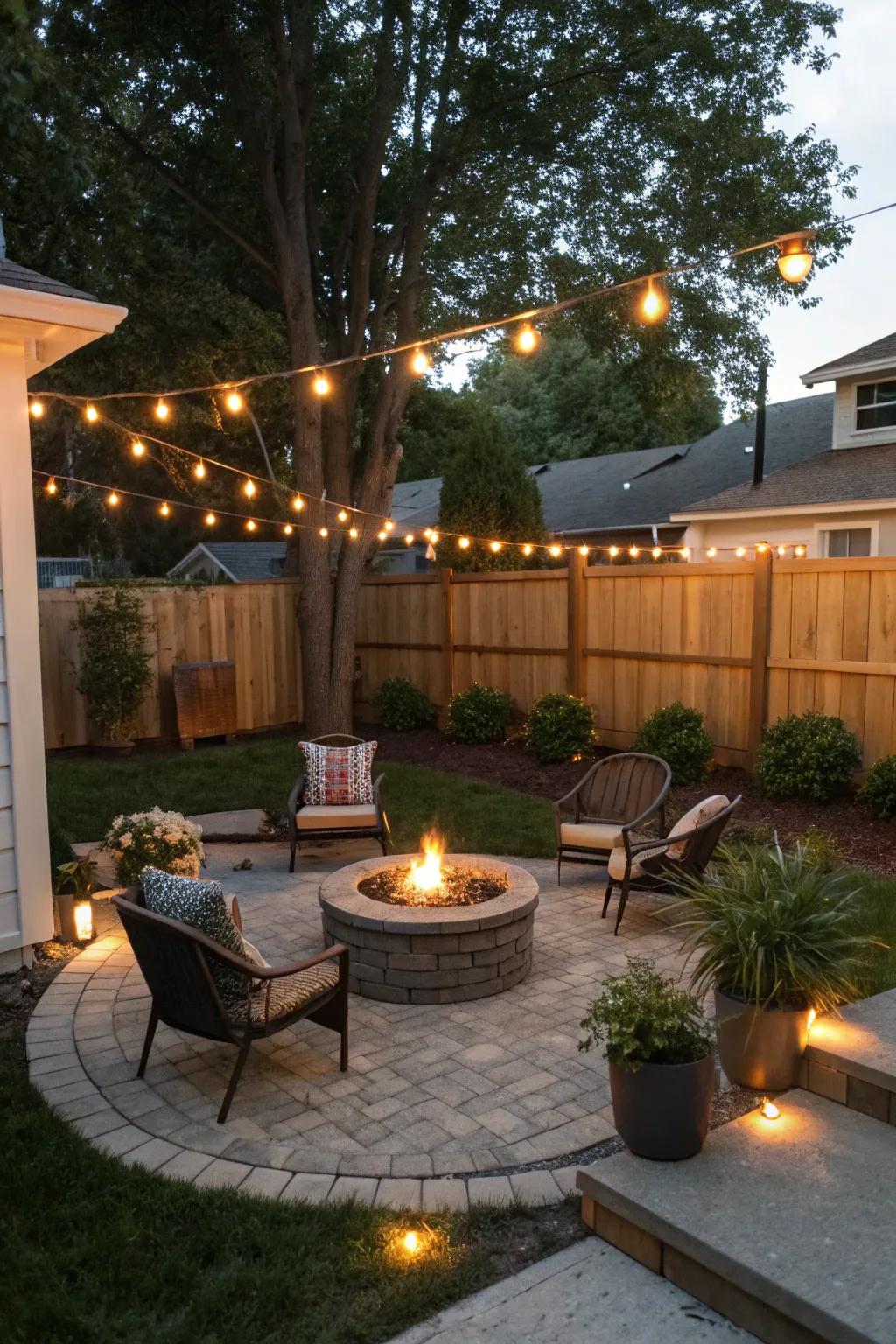 A central fire pit creates a warm gathering spot in a small backyard.