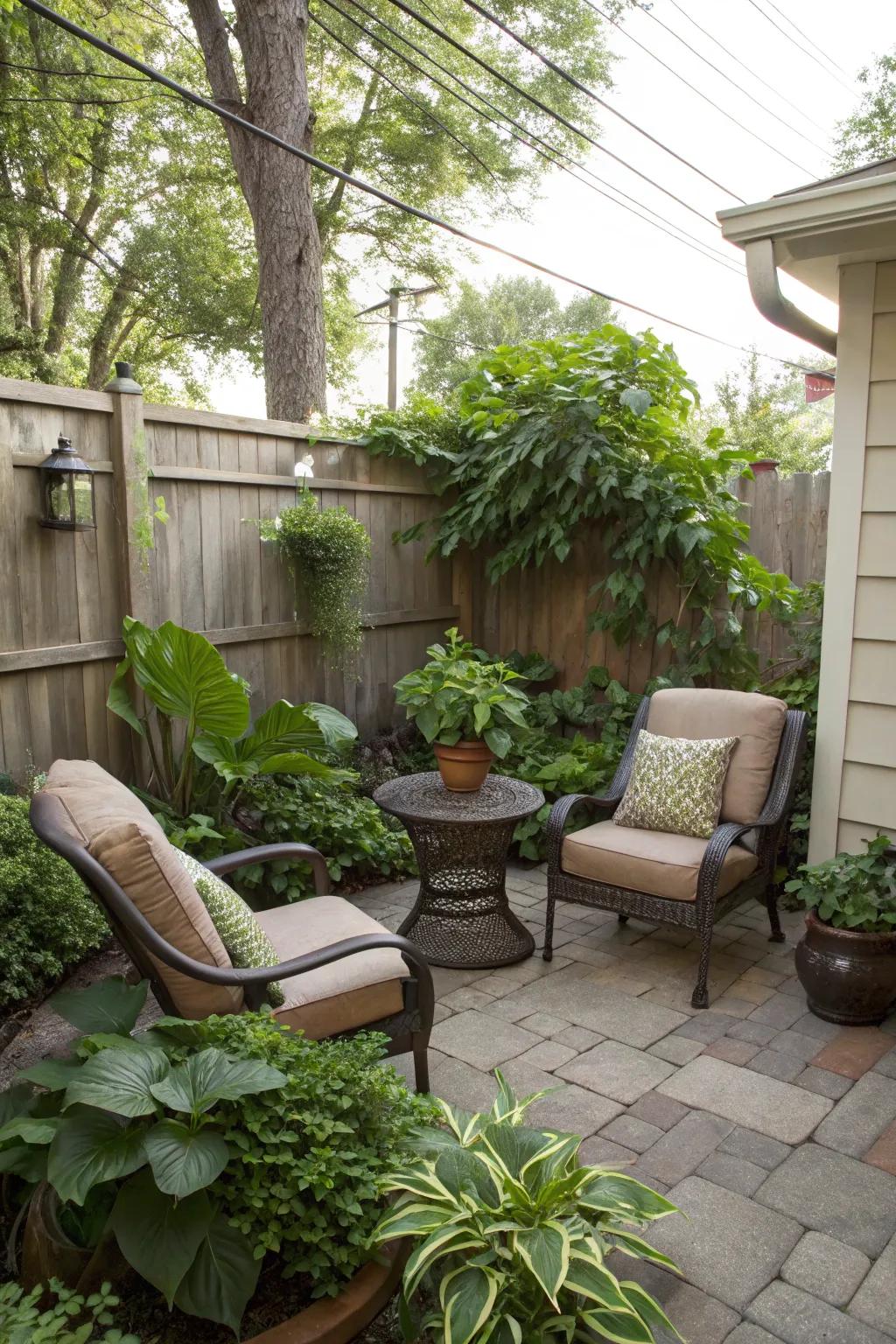 A cozy seating area in a small backyard, perfect for relaxation.