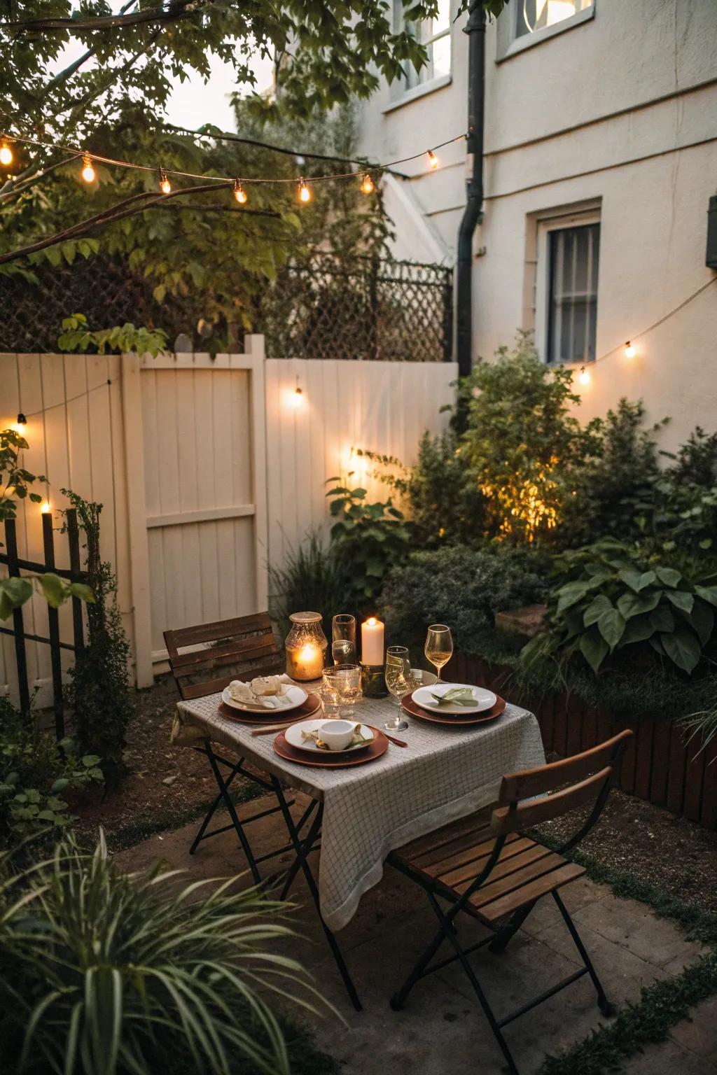 A cozy dining setup for intimate meals in a small backyard.