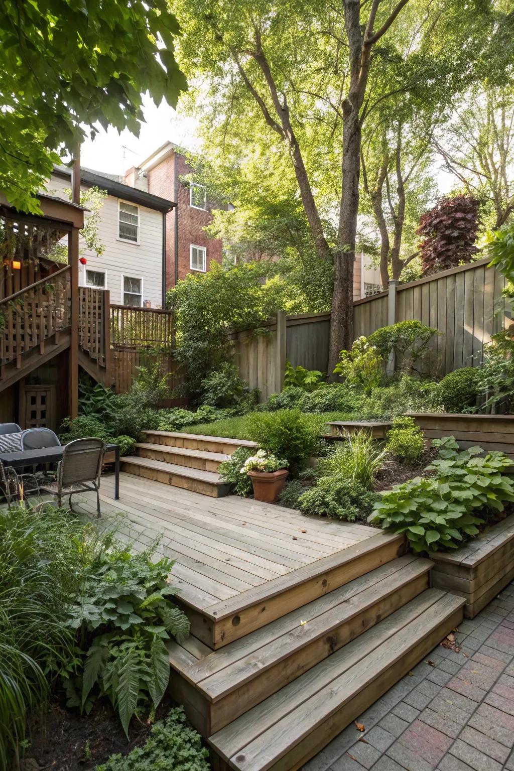 Multi-level design adds depth to a small backyard.