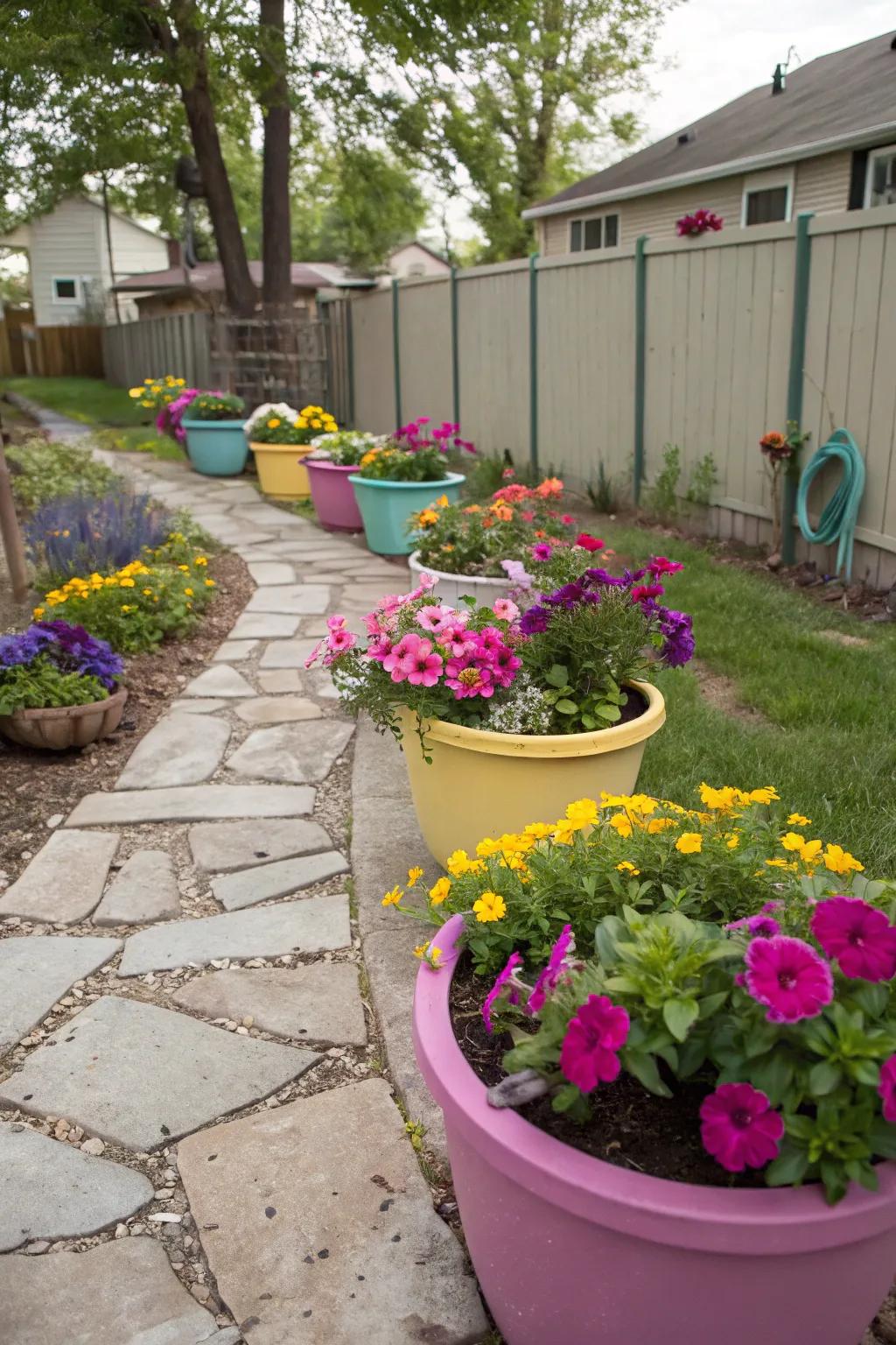 Colorful planters add vibrancy to a small backyard.