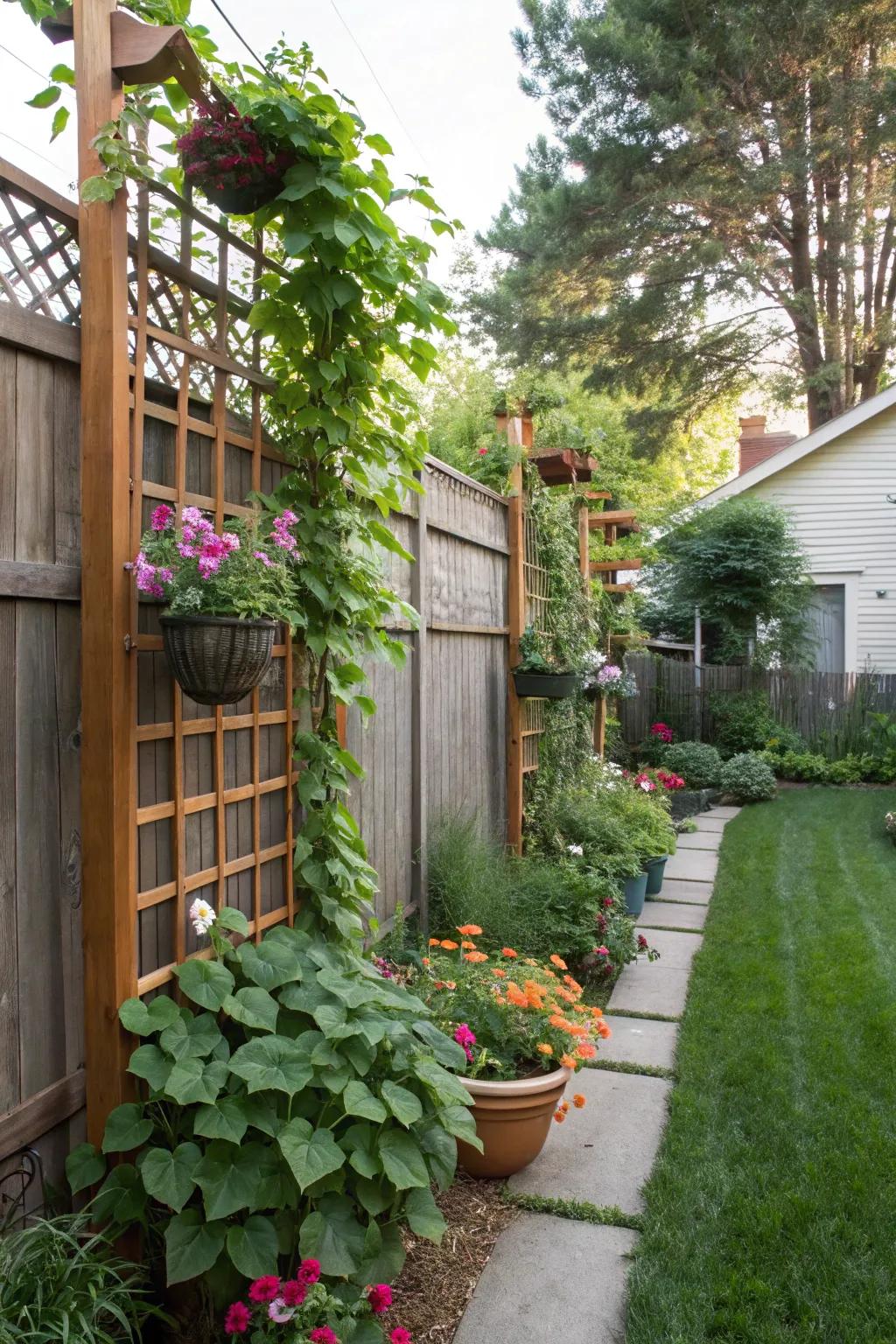 Vertical gardening maximizes green space in a small backyard.