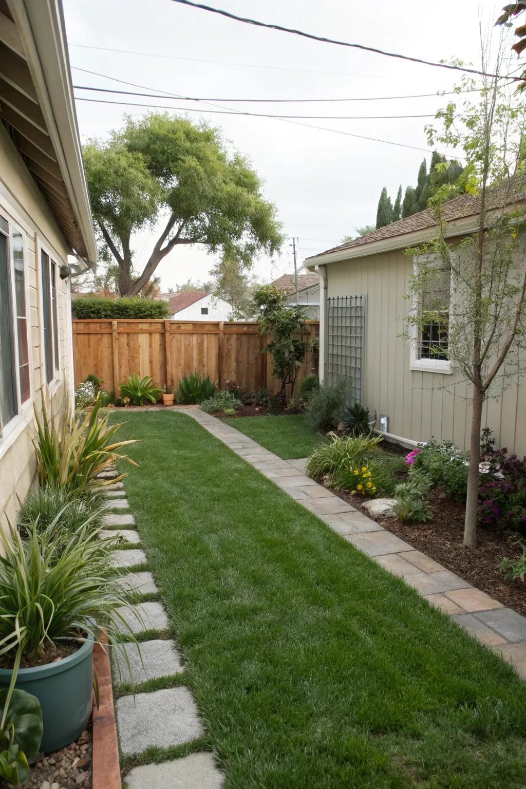 A small lawn provides a refreshing green space in a backyard.