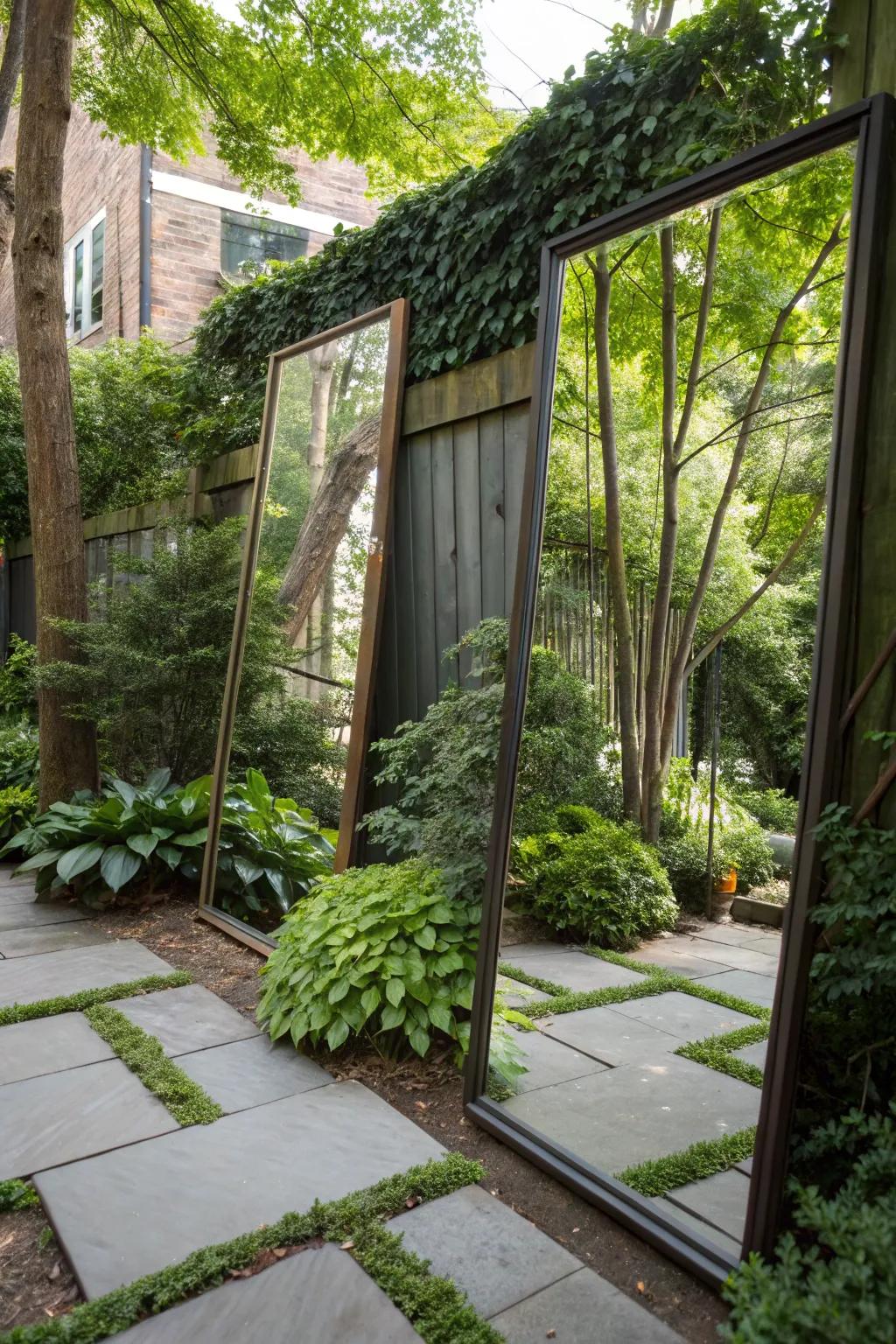 Mirrors create the illusion of more space in a small backyard.