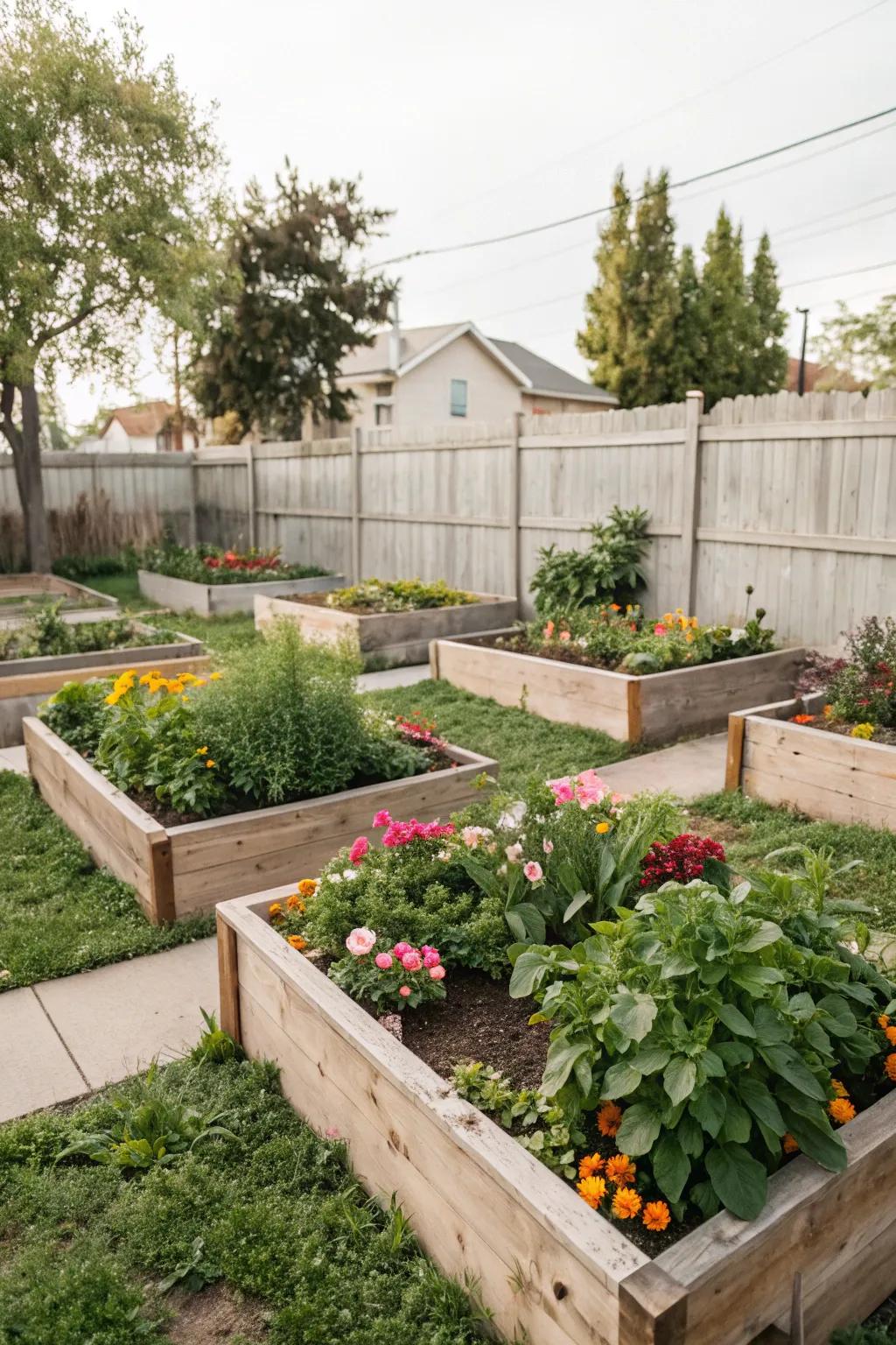 Compact raised beds maximize planting space in a small backyard.