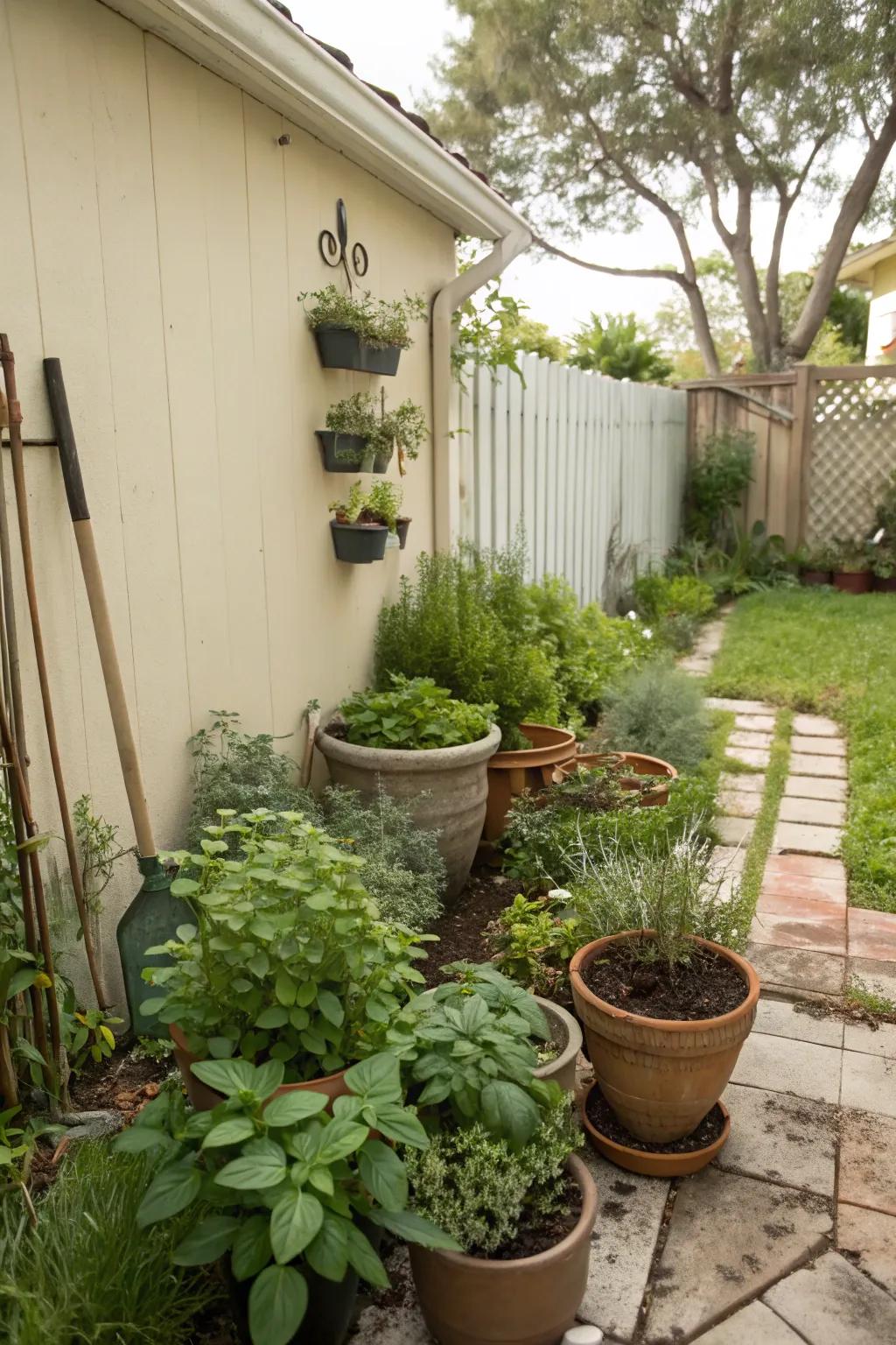 A dedicated herb corner adds flavor and fragrance to a small backyard.