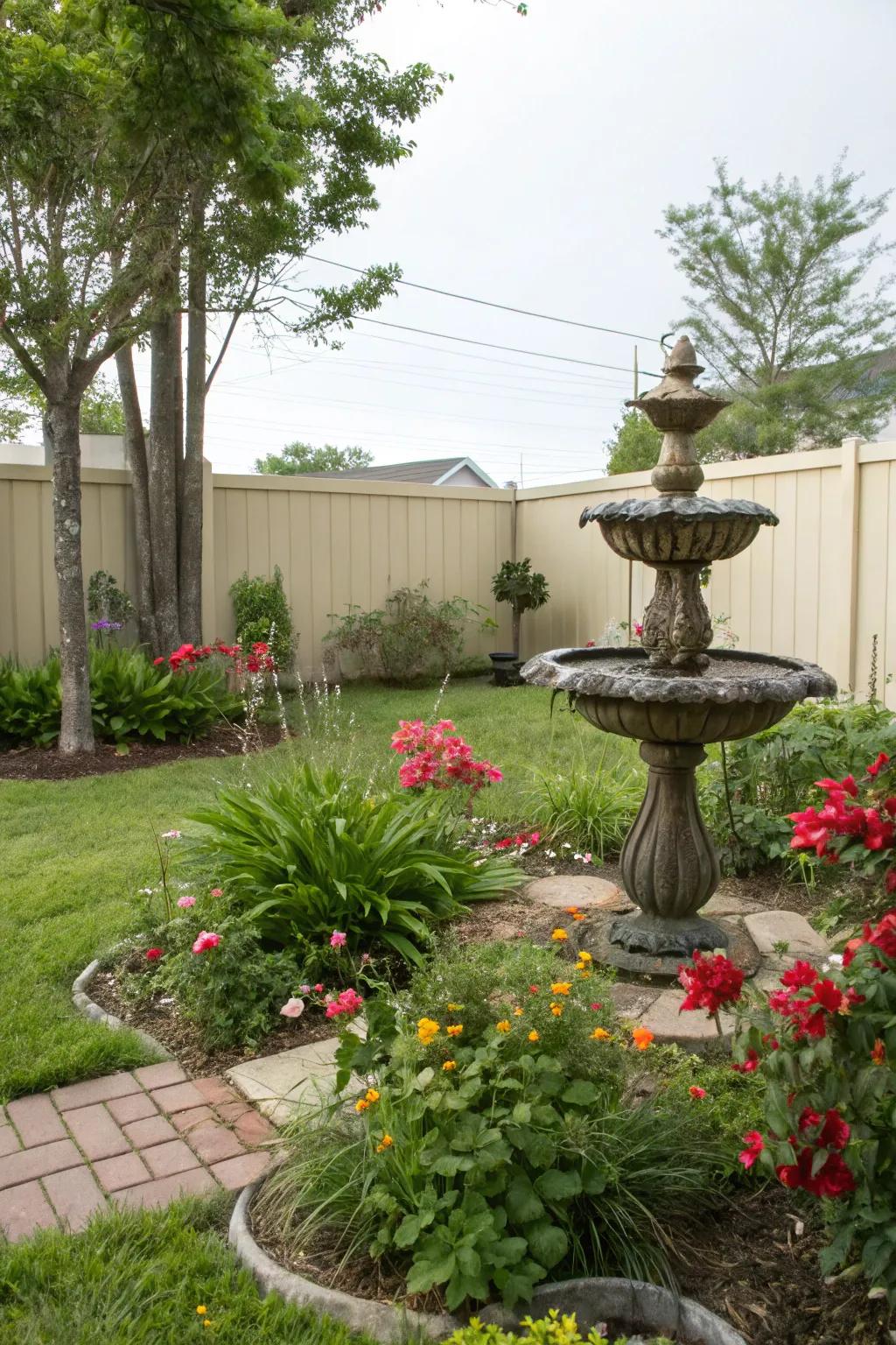 A garden sculpture adds an artistic element to a small backyard.