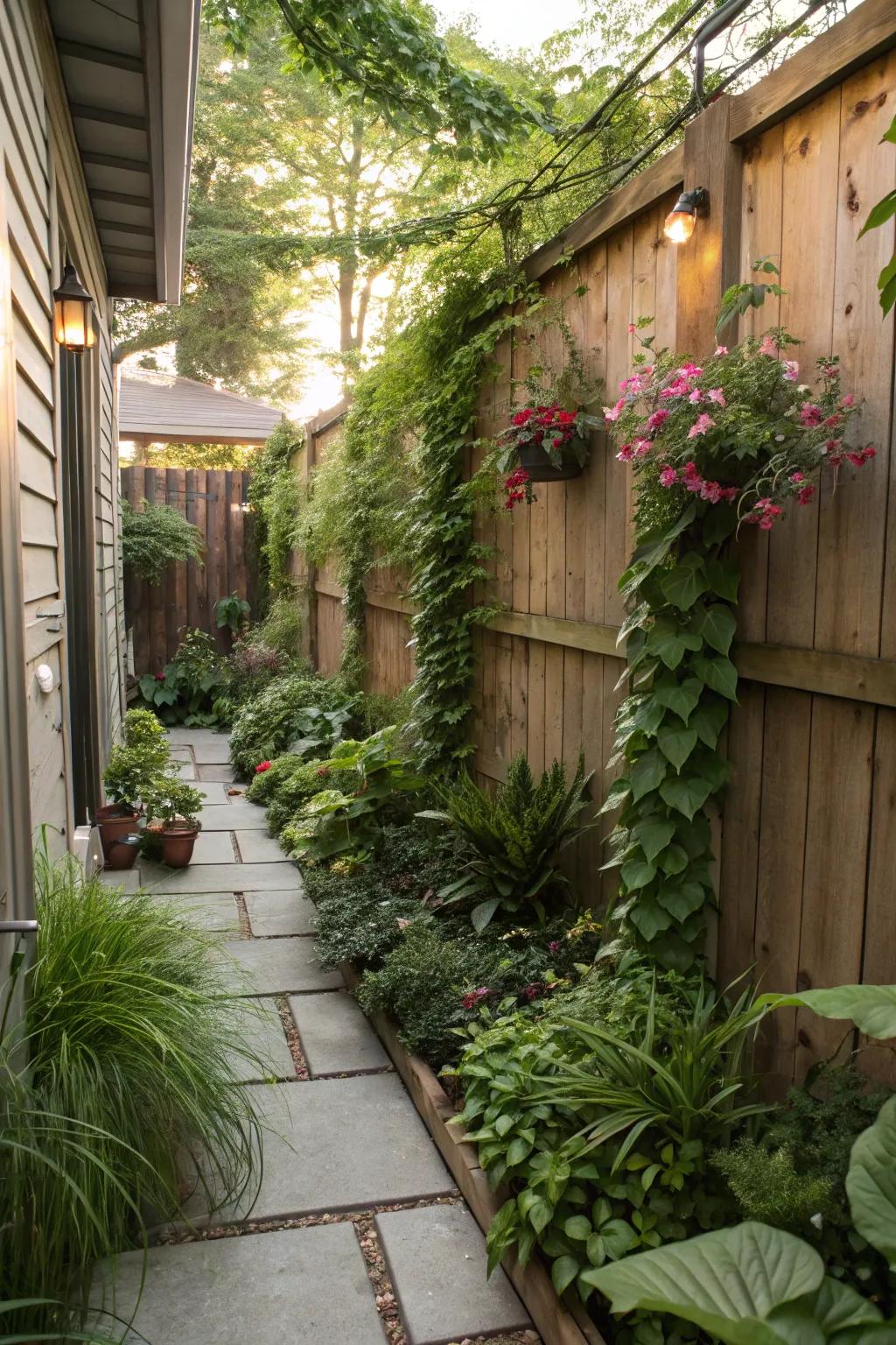 Tall plants offer privacy and beauty in a small backyard.