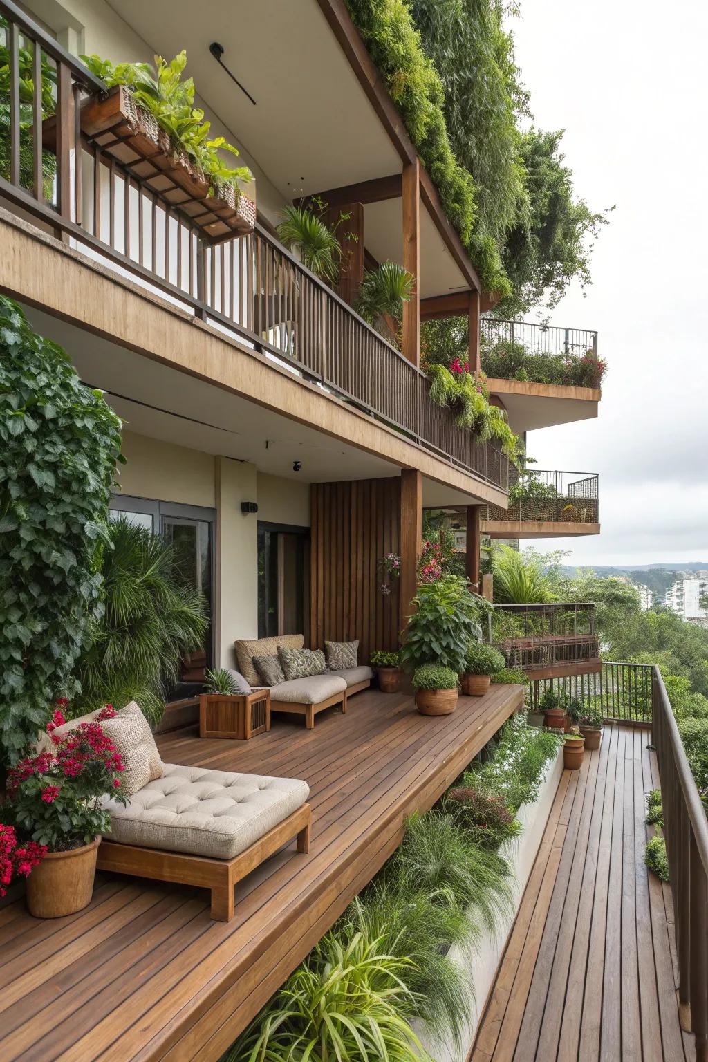 A multi-level deck that enhances the balcony's functionality.