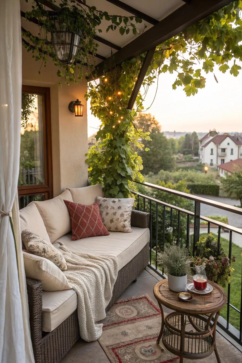 A cozy seating nook perfect for relaxation on the balcony.