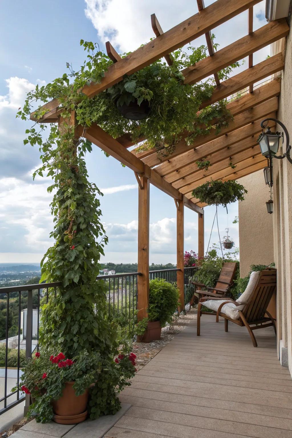 A pergola creates a shaded, structured balcony area.