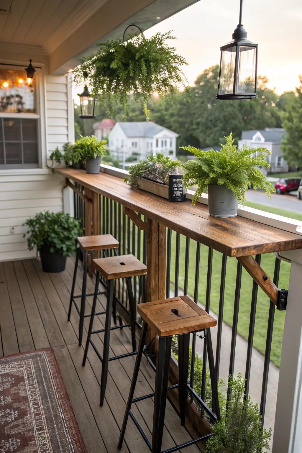 A clever balcony bar that utilizes the railing for space.