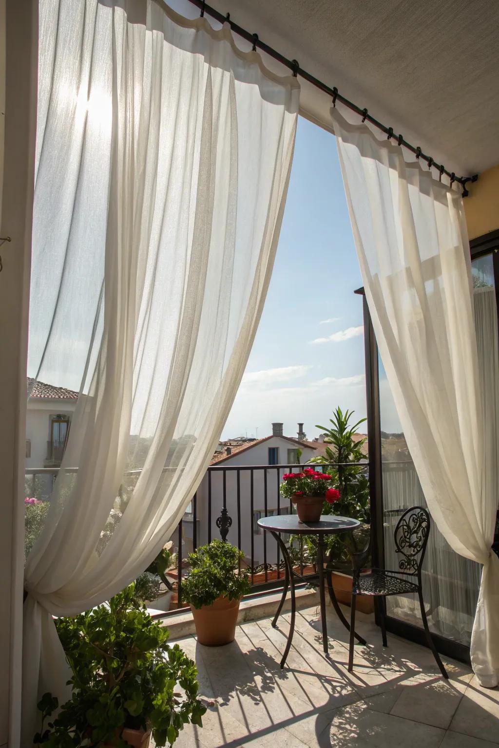 Outdoor curtains add elegance and privacy to the balcony.