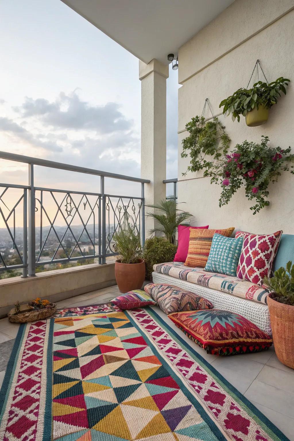 A stylish outdoor rug that ties the balcony decor together.