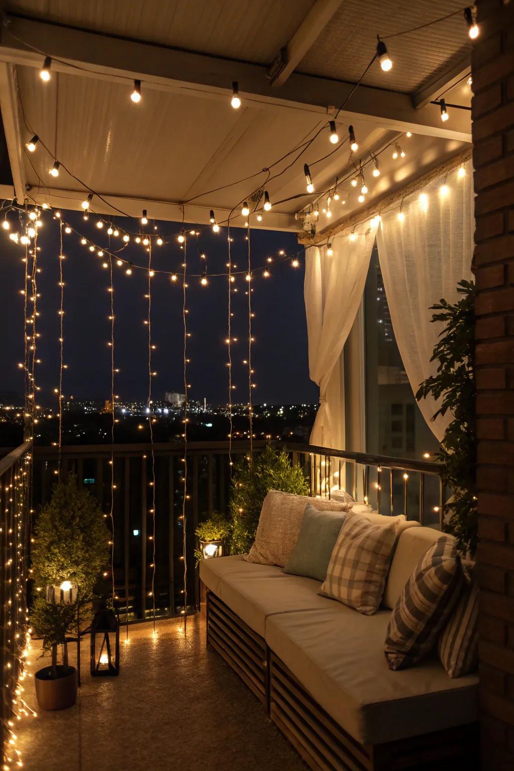 String lights add a cozy and inviting glow to the balcony.