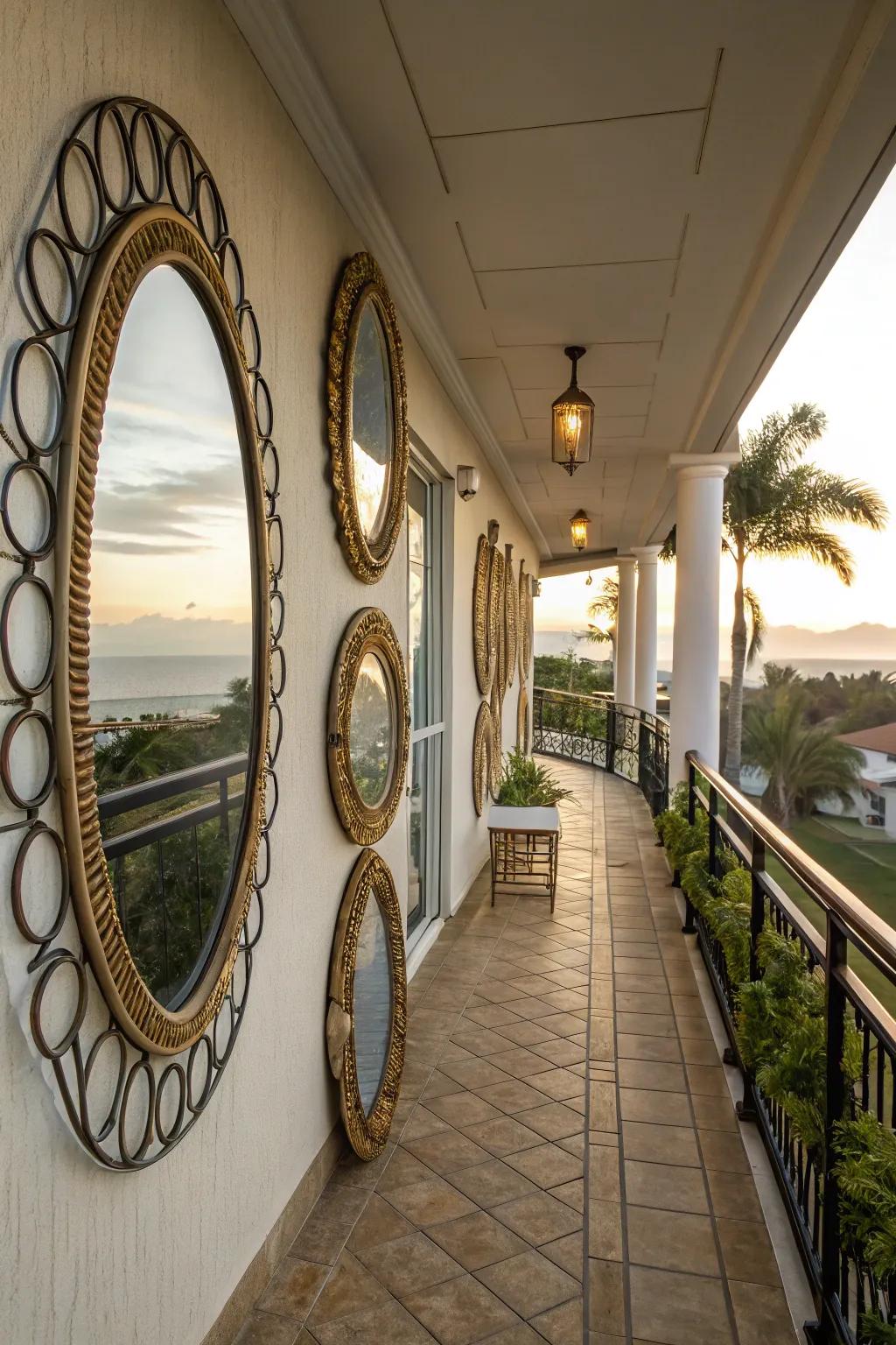 Mirrors create depth and enhance the balcony's view.