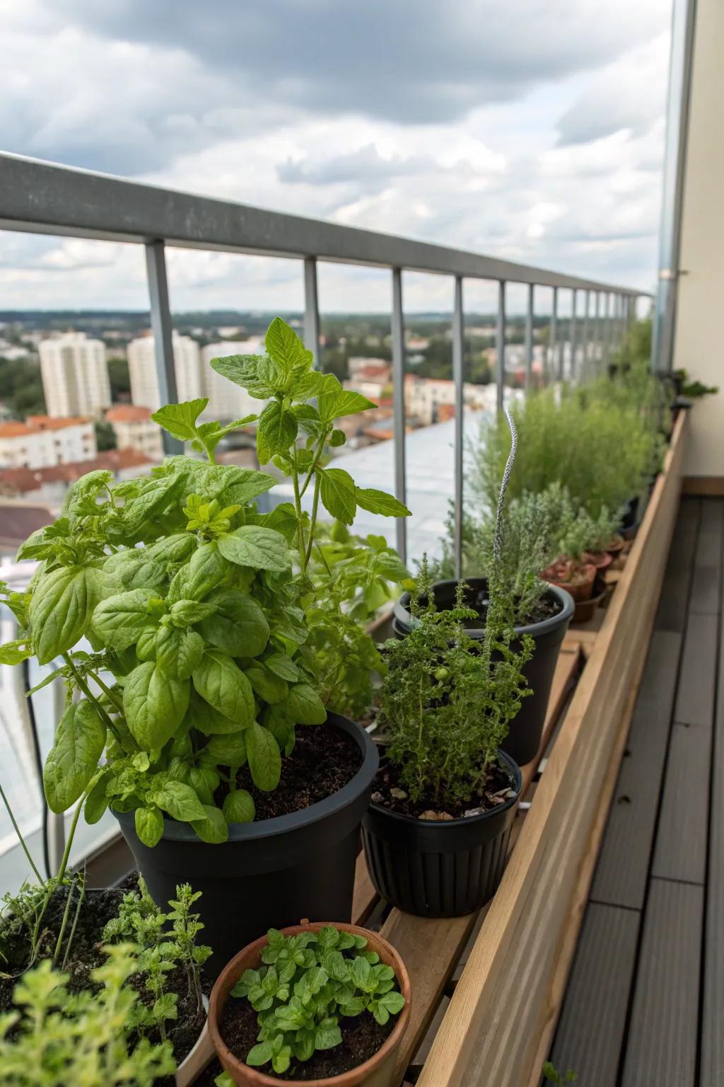 A mini herb garden provides fresh flavors and scents.