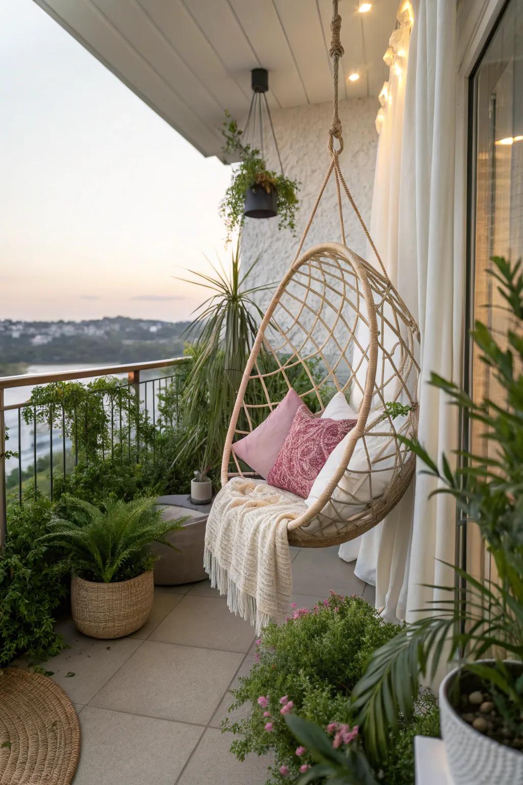 A hanging chair adds whimsy and comfort to the balcony.