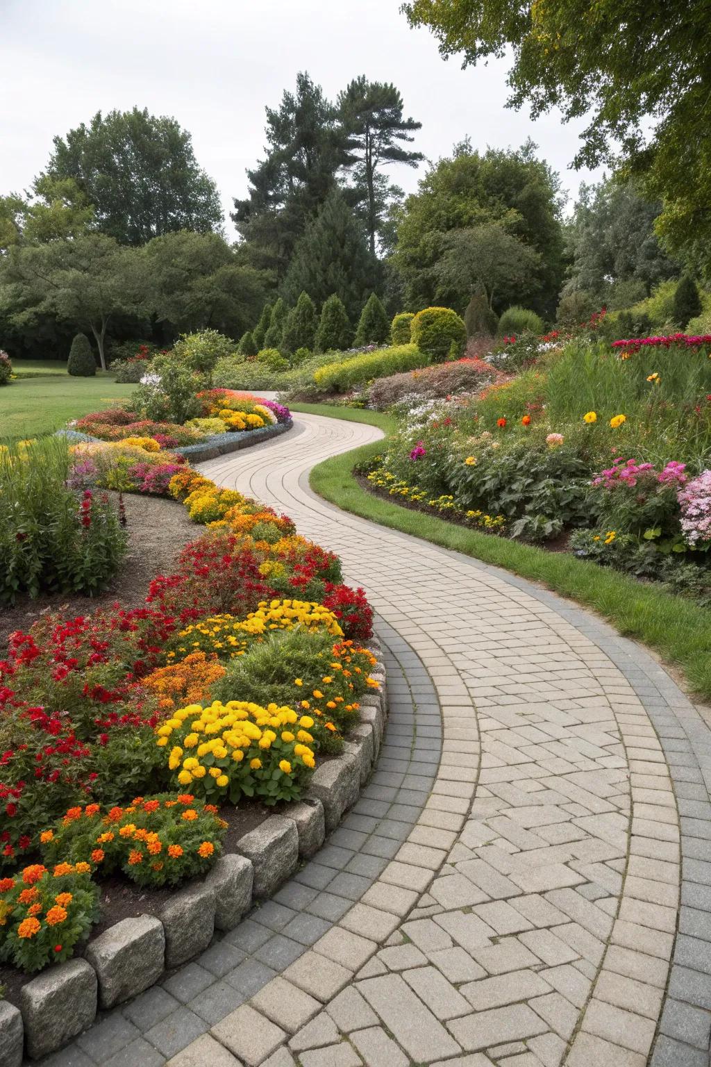 Curved paver borders create a natural flow in garden spaces.