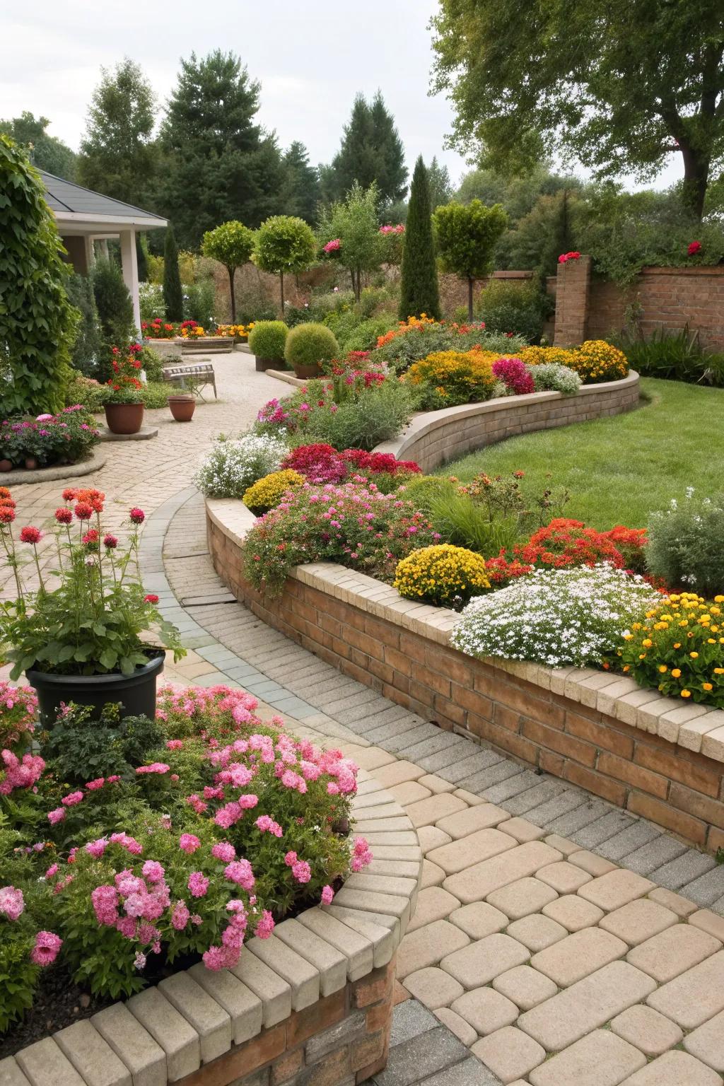 Planters combined with paver borders add height and charm to gardens.