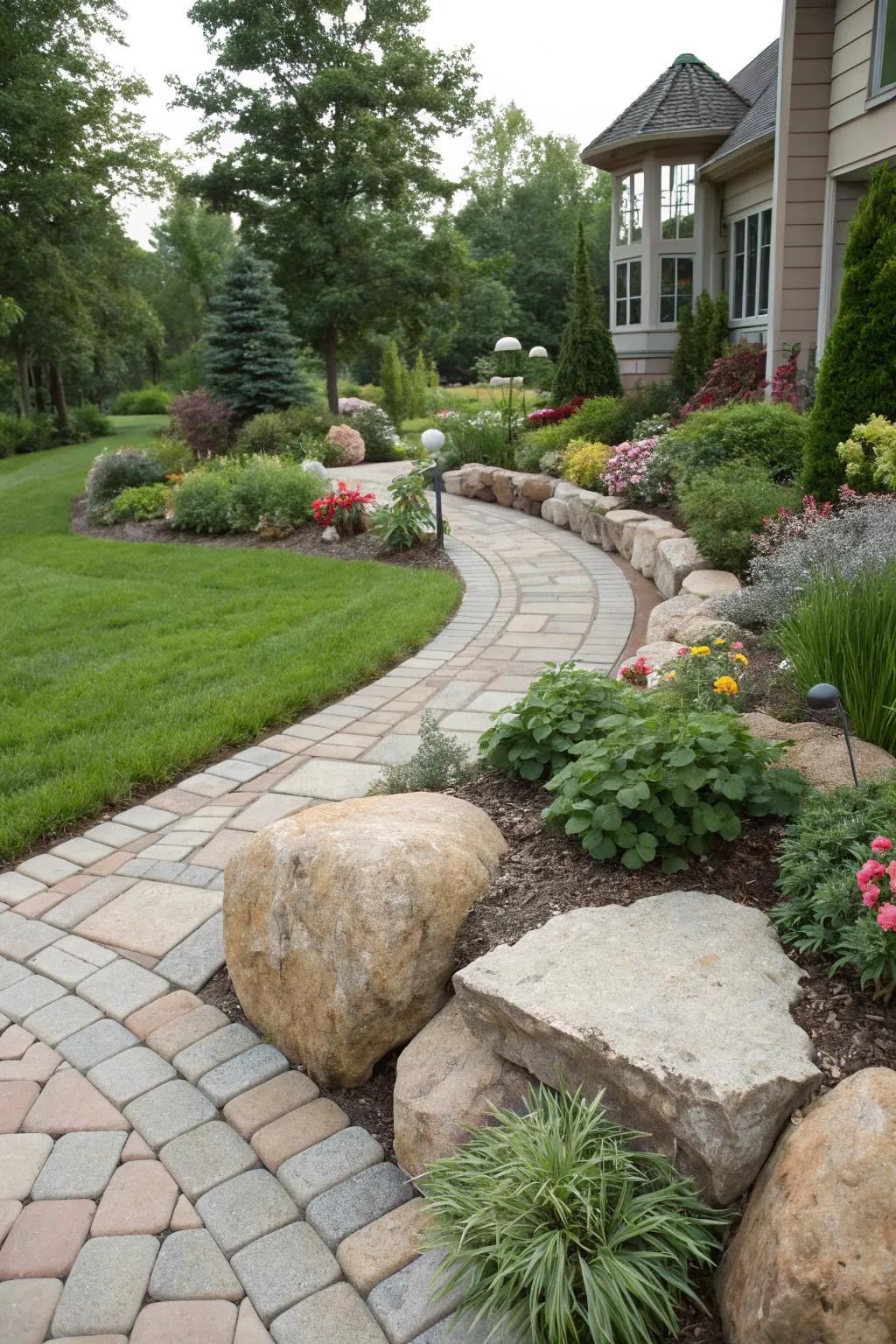Natural stones paired with pavers lend elegance to garden borders.