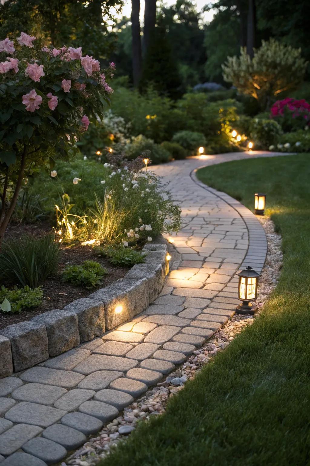 Lighting integrated into paver borders creates an enchanting nighttime atmosphere.